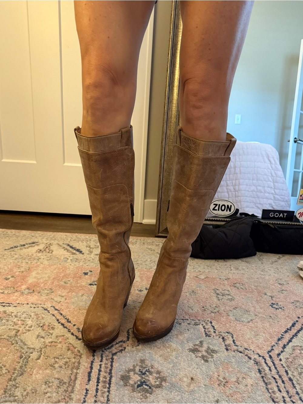 FRYE Wedge Knee-High Leather Boots in tan